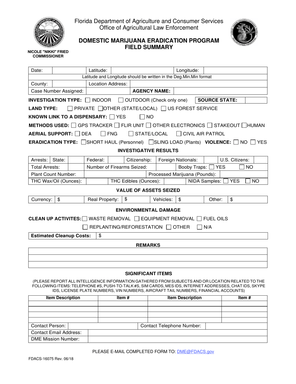 Form FDACS-16075 Domestic Marijuana Eradication Program Field Summary - Florida, Page 1