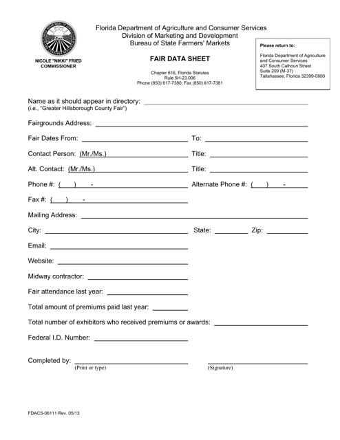 Form FDACS-06111 Fair Data Sheet - Florida