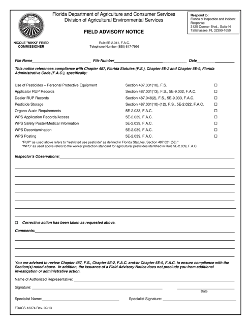 Form FDACS-13374 Field Advisory Notice - Florida