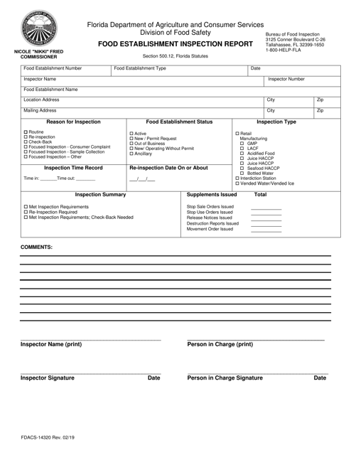 Form FDACS-14320 Food Establishment Inspection Report - Florida