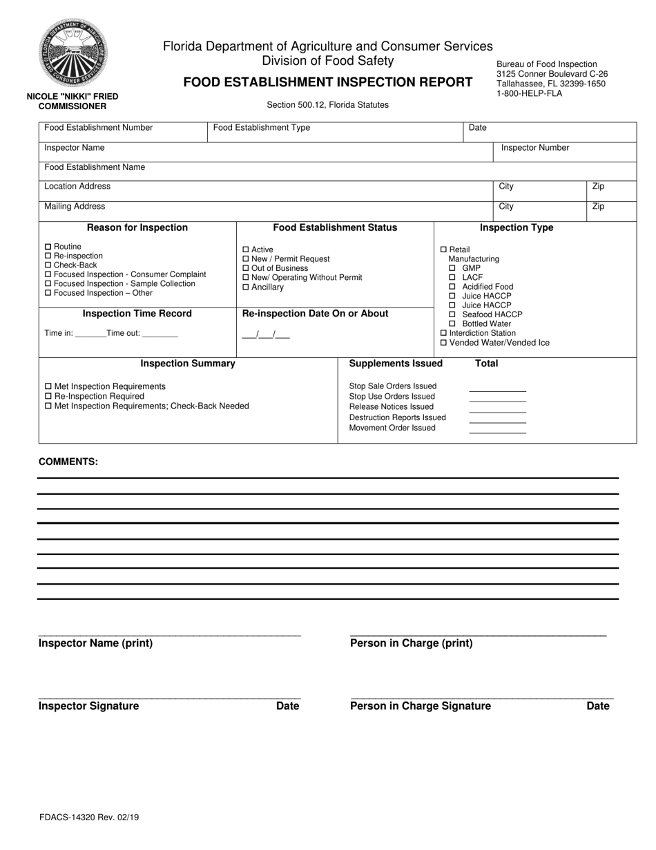 Form FDACS-14320 Food Establishment Inspection Report - Florida, Page 1