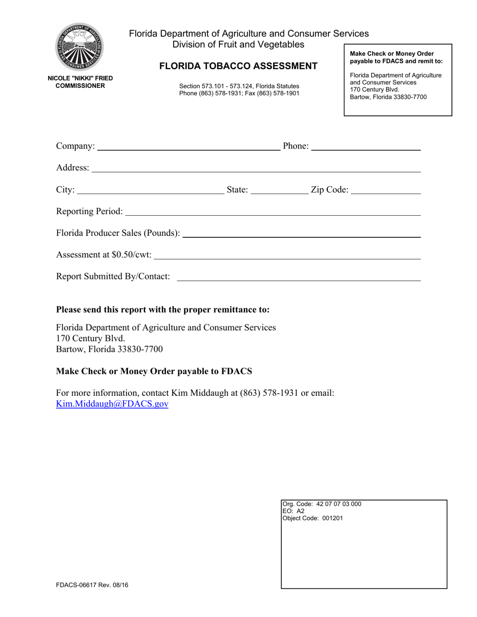 Form FDACS-06617 Florida Tobacco Assessment - Florida, Page 1