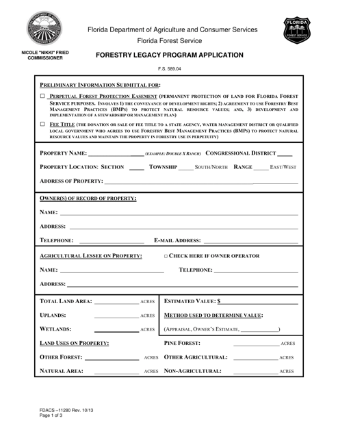 Form FDACS-11280 Forest Legacy Program Application - Florida