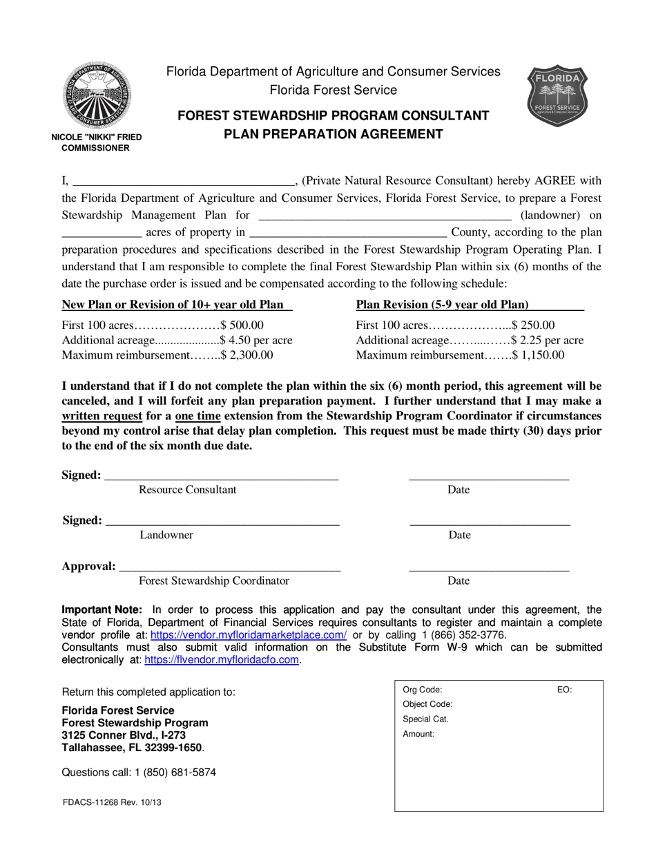 Form FDACS-11268 Forest Stewardship Program Consultant Plan Preparation Agreement - Florida, Page 1