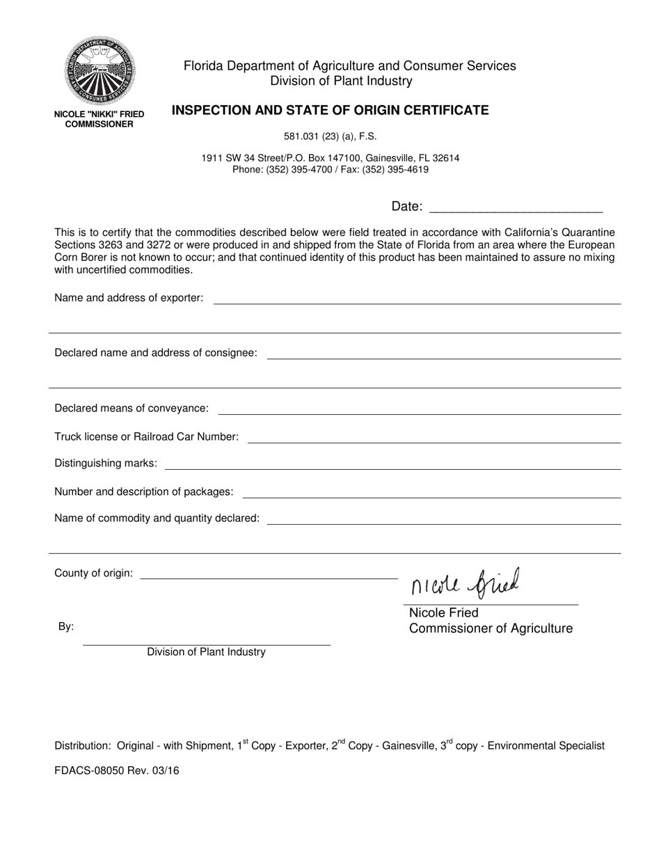 Form FDACS-08050 Inspection and State of Origin Certificate - Florida, Page 1
