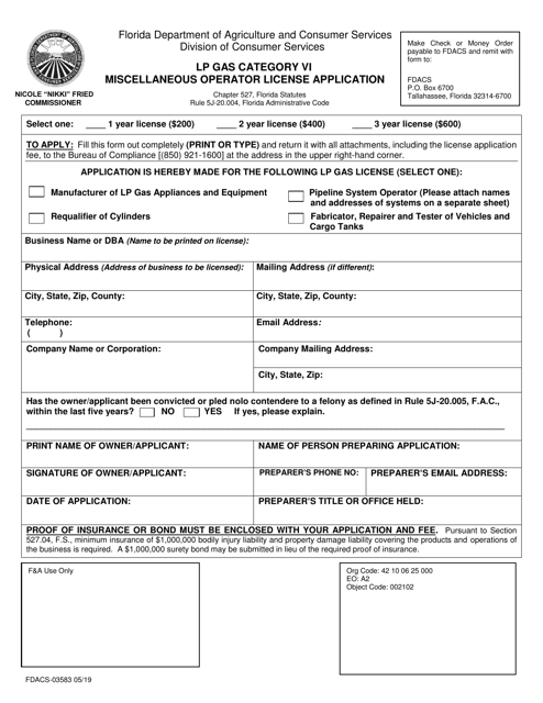 Form FDACS-03583 Lp Gas Category VI Miscellaneous Operator License Application - Florida