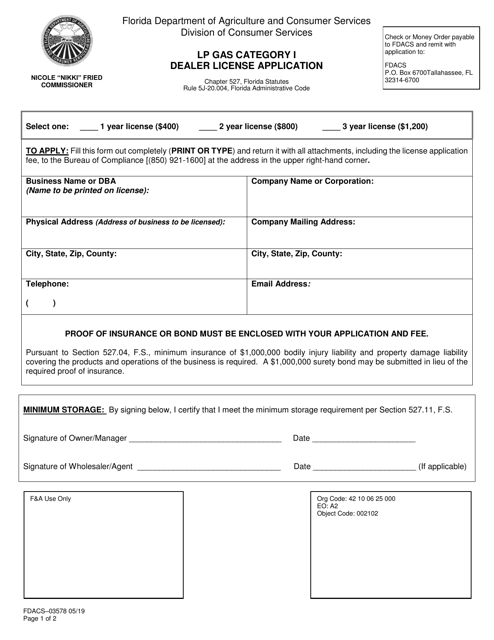 Form FDACS-03578  Printable Pdf