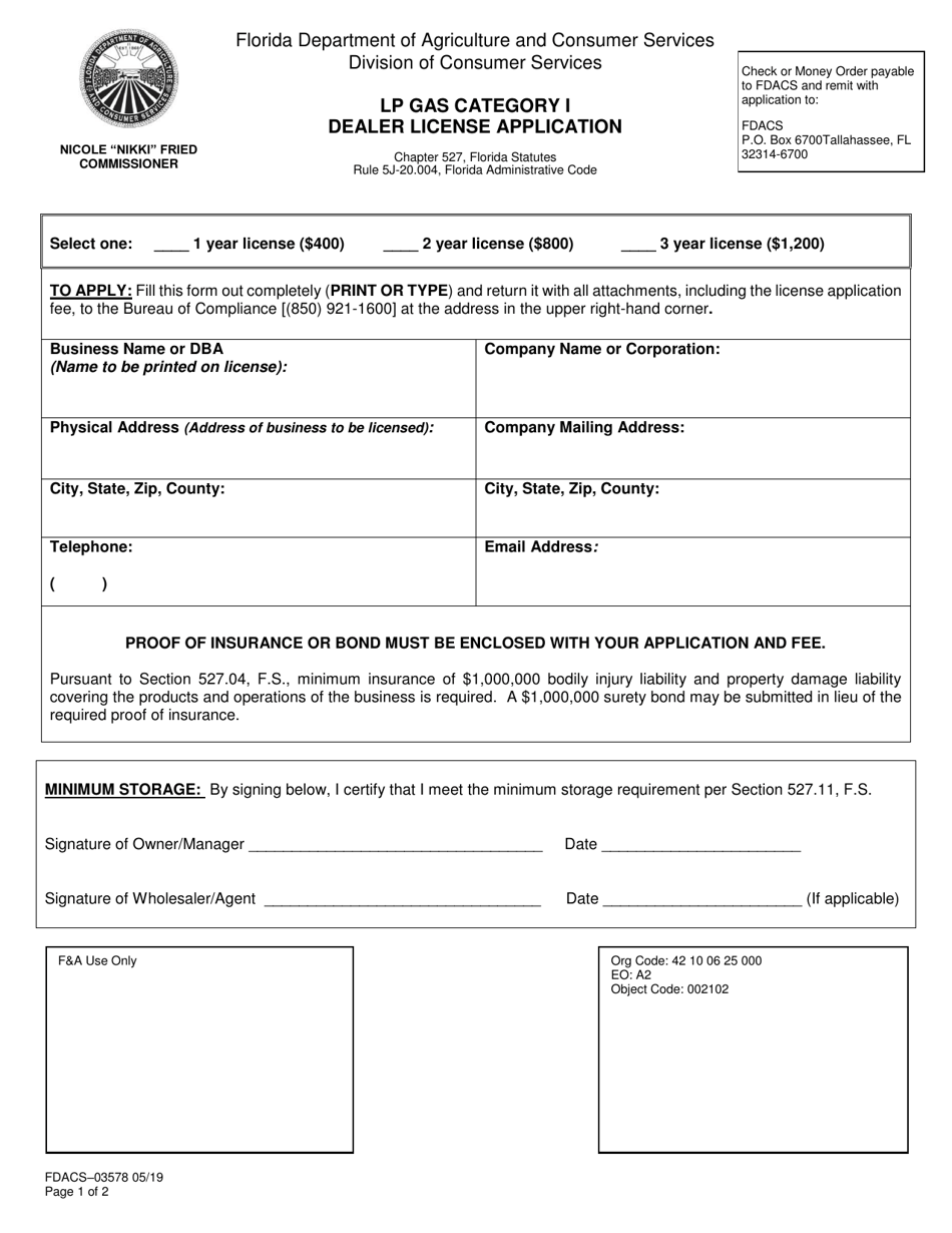 Form FDACS-03578 Lp Gas Category I Dealer License Application - Florida, Page 1