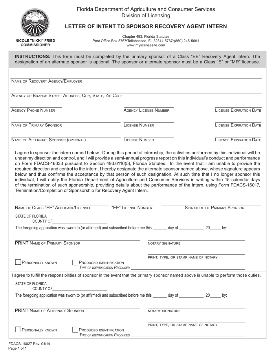 Form FDACS-16027 Letter of Intent to Sponsor for Recovery Agent Intern - Florida, Page 1