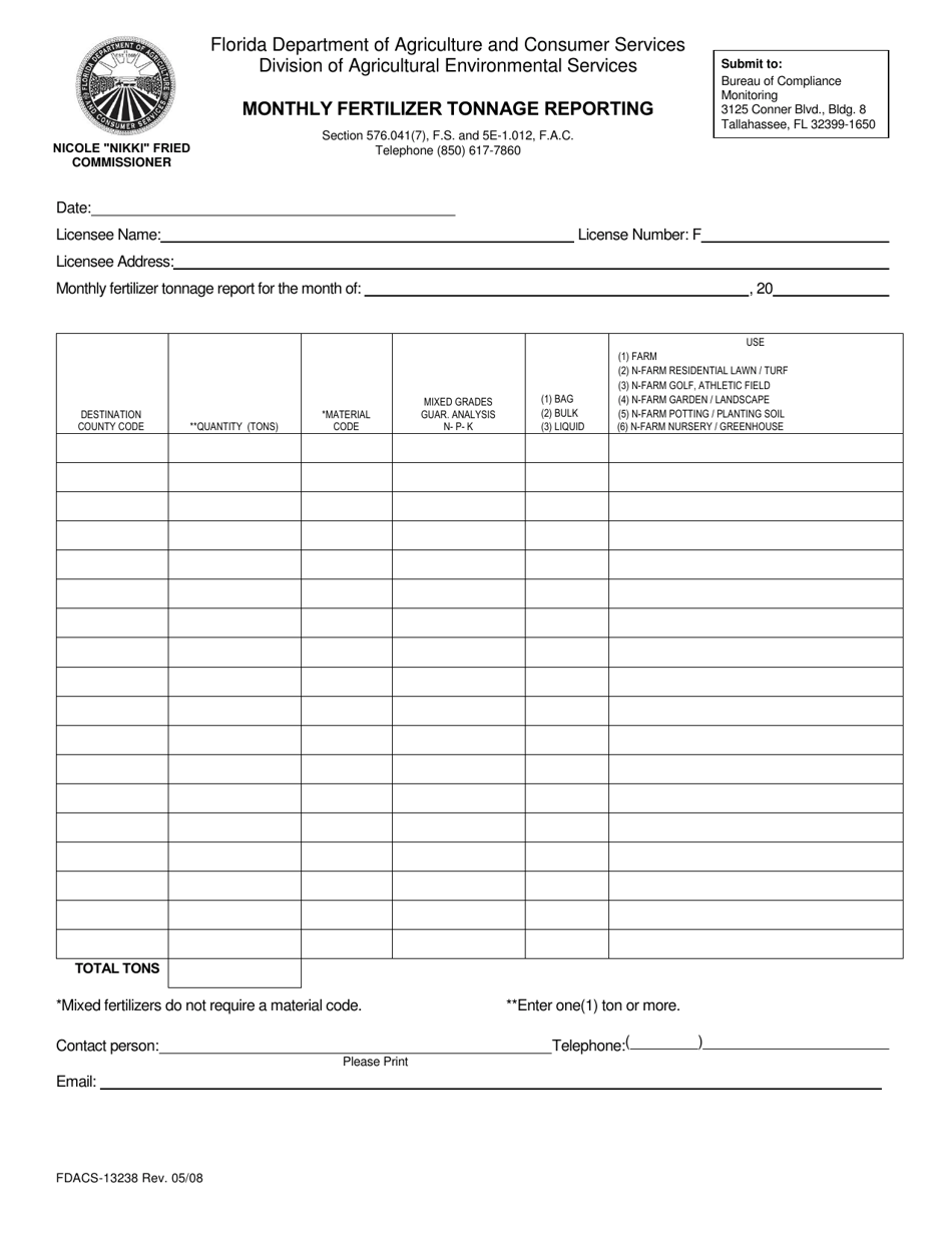 Form FDACS-13238 Monthly Fertilizer Tonnage Reporting - Florida, Page 1