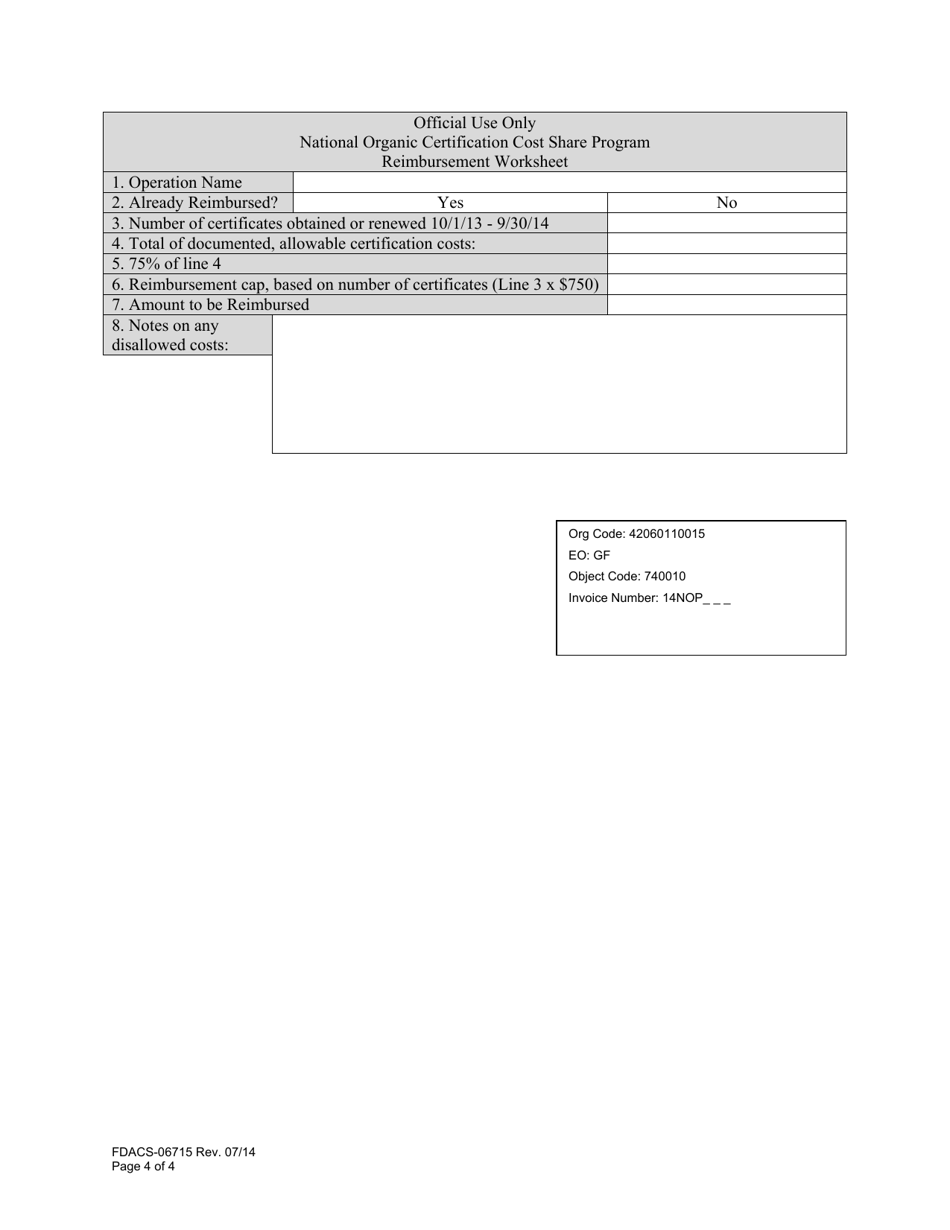 Form FDACS-06715 National Organic Certification Cost Share Program Application - Florida, Page 4