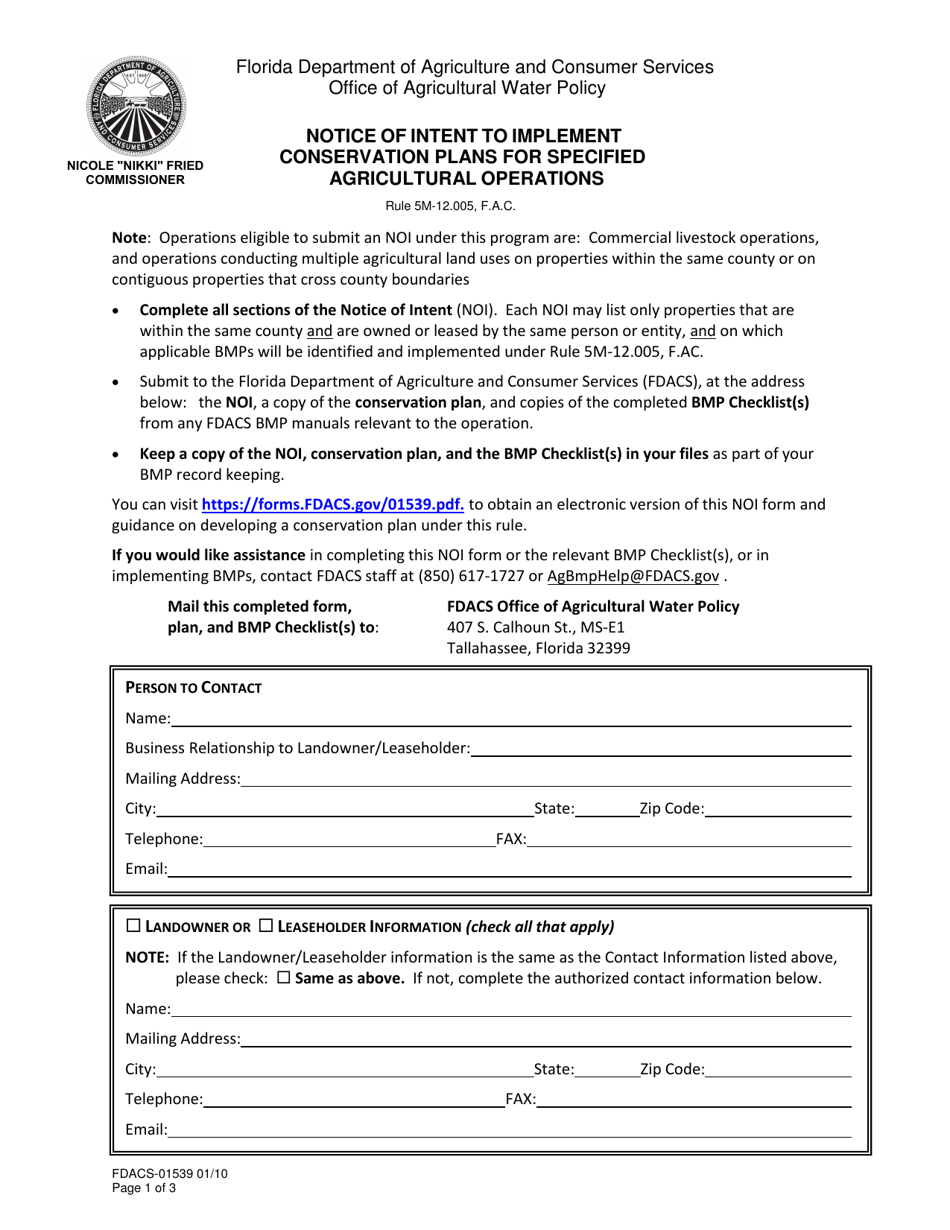 Form FDACS-01539 Notice of Intent to Implement Conservation Plans for Specified Agricultural Operations - Florida, Page 1