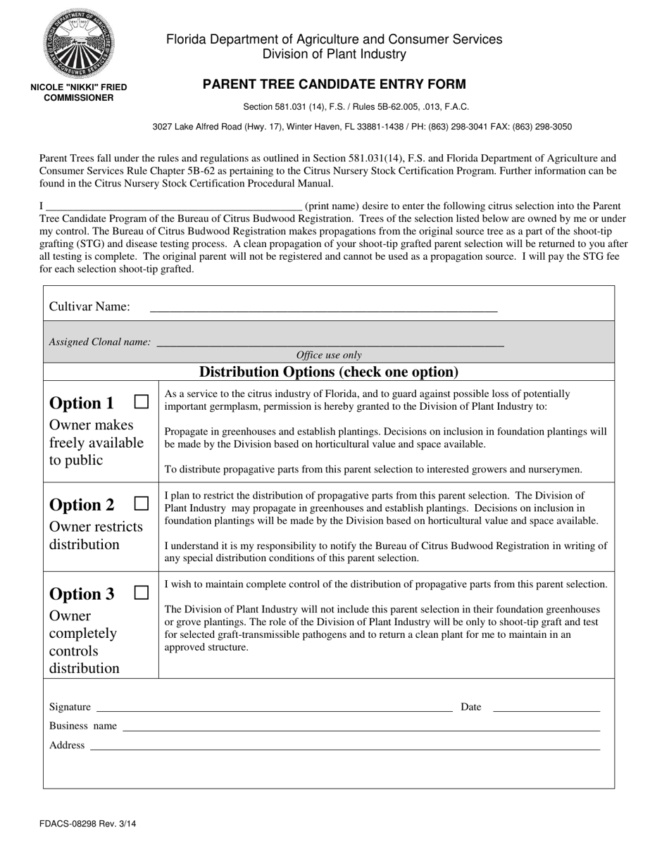Form FDACS-08298 Parent Tree Candidate Entry Form - Florida, Page 1