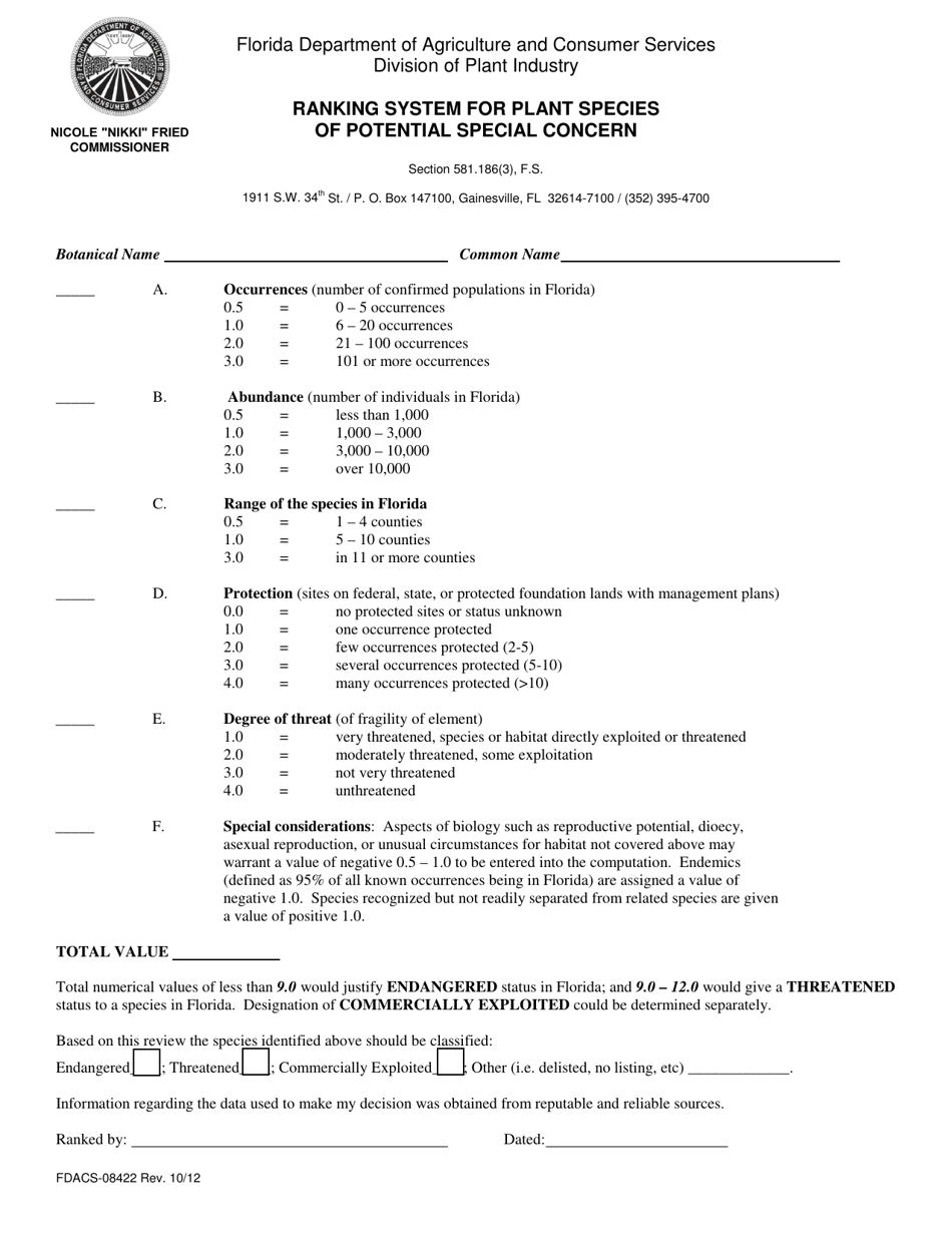Form FDACS-08422 Ranking System for Plant Species of Potential Special Concern - Florida, Page 1