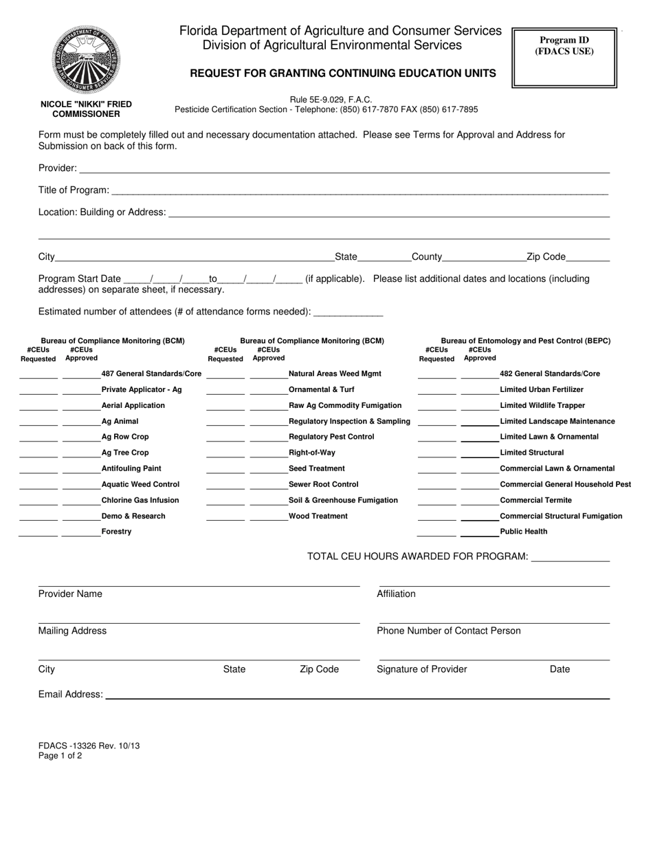Form FDACS-13326 Request for Granting Continuing Education Units - Florida, Page 1
