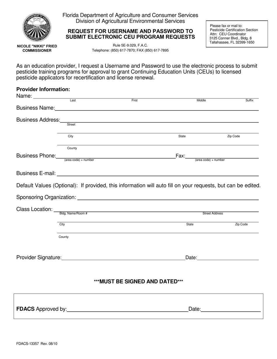 Form FDACS-13357 Request for Username and Password to Submit Electronic Ceu Program Requests - Florida, Page 1
