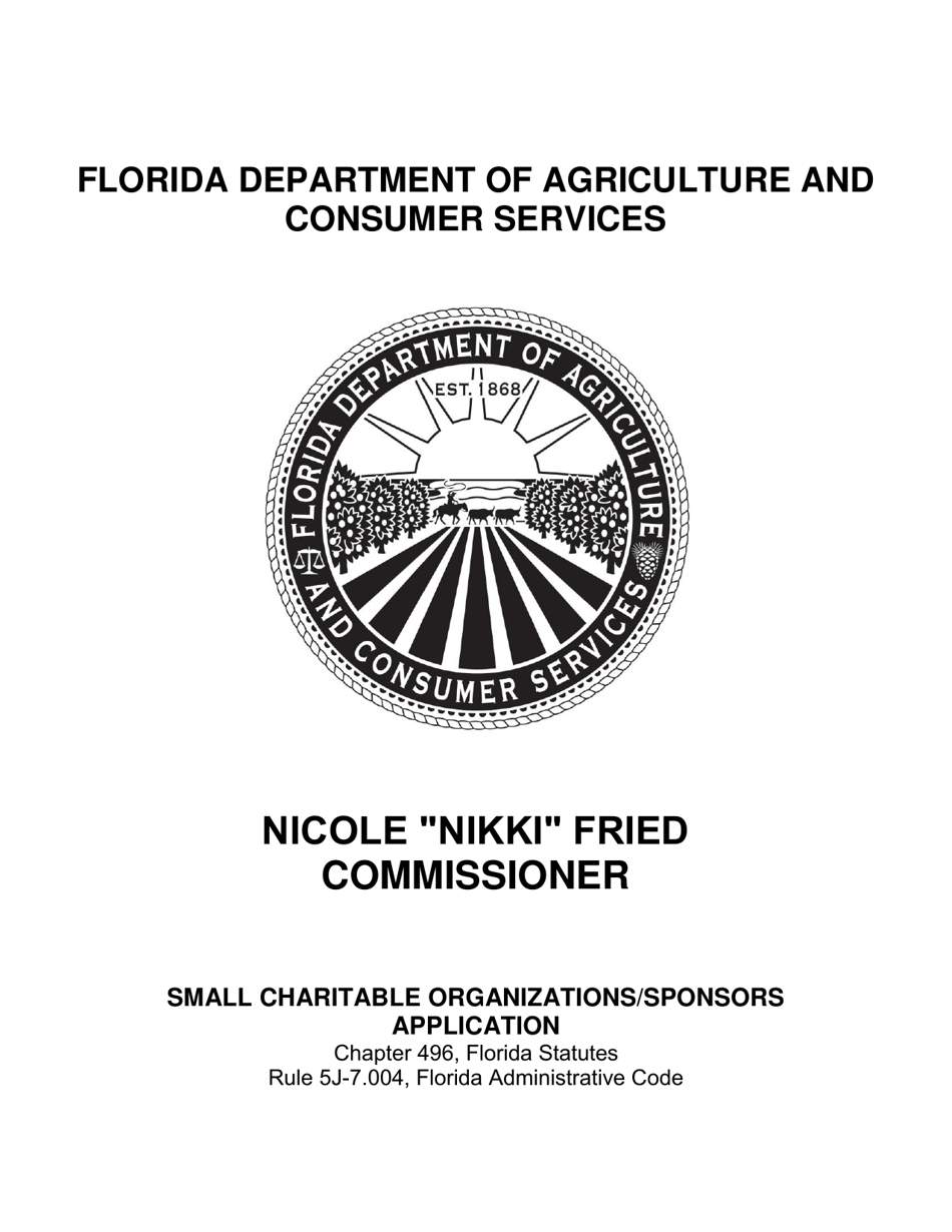 Form FDACS-10110 Small Charitable Organizations / Sponsors Application - Florida, Page 1