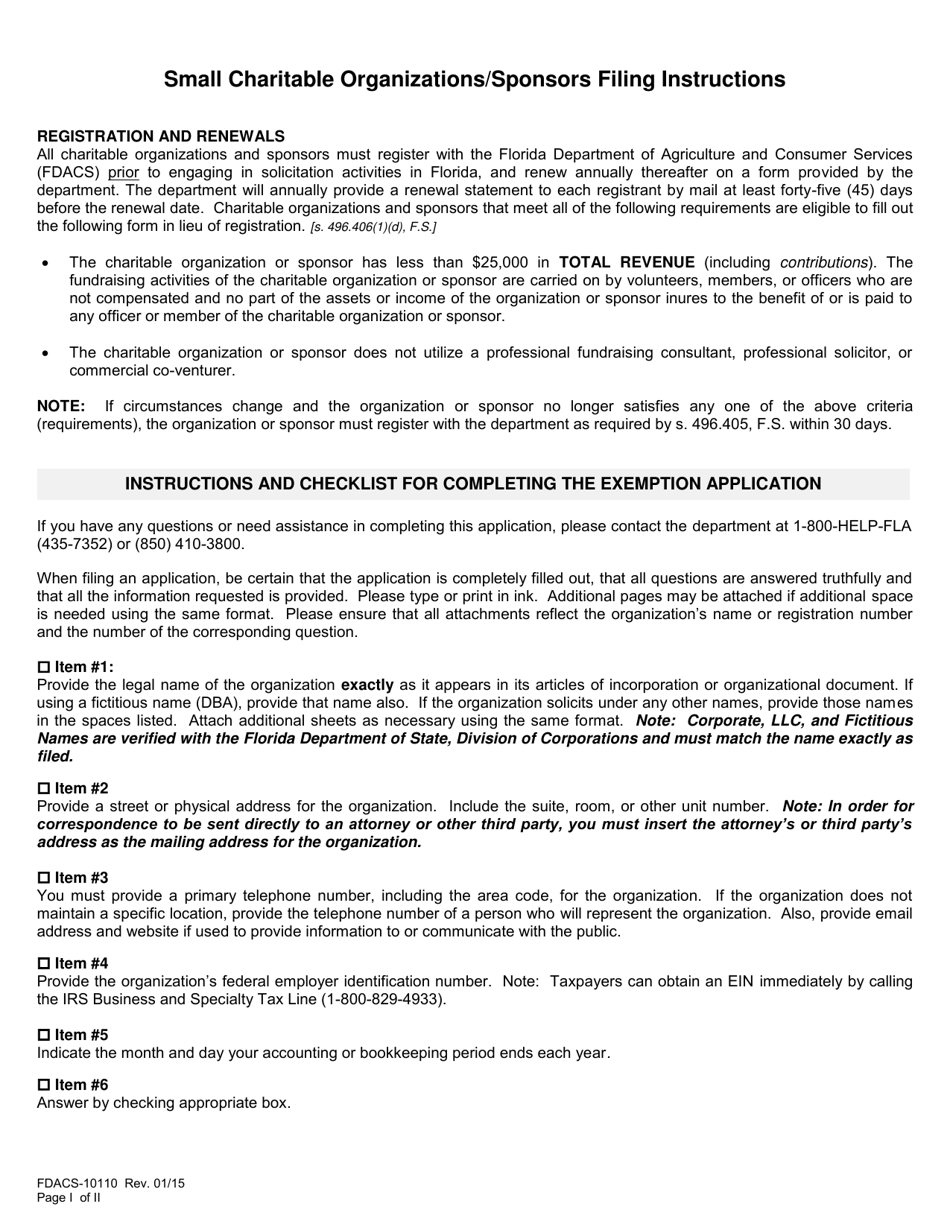 Form FDACS-10110 Small Charitable Organizations / Sponsors Application - Florida, Page 2