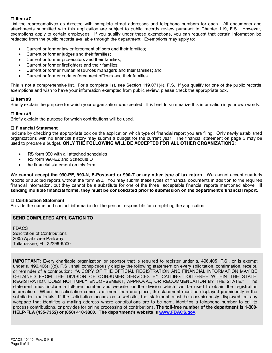 Form FDACS-10110 Small Charitable Organizations / Sponsors Application - Florida, Page 3