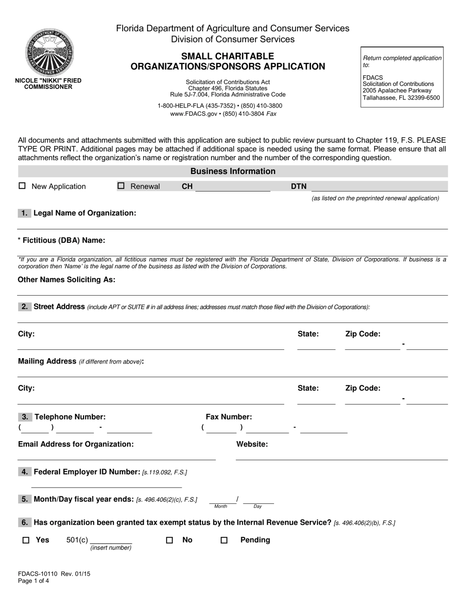 Form FDACS-10110 Small Charitable Organizations / Sponsors Application - Florida, Page 4