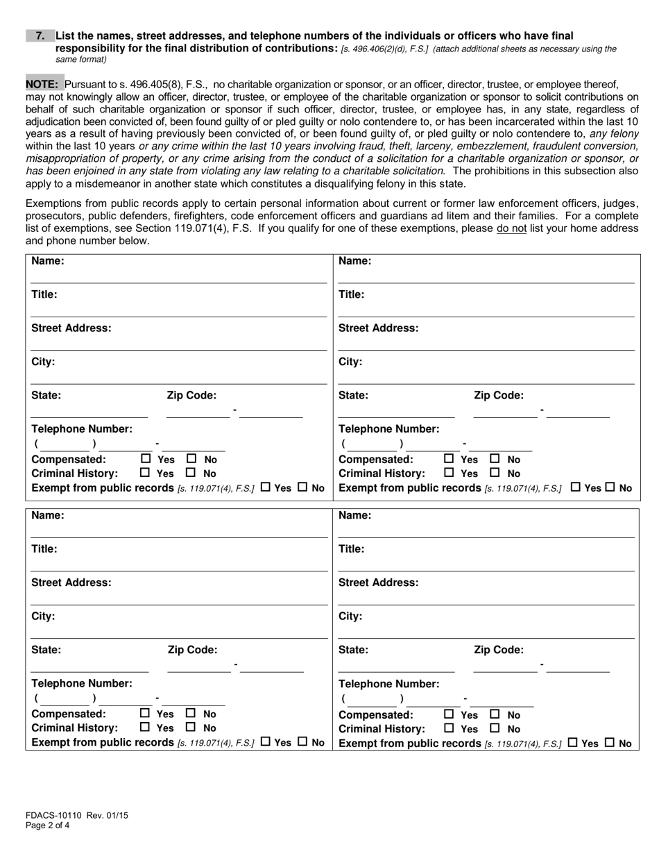 Form FDACS-10110 Small Charitable Organizations / Sponsors Application - Florida, Page 5