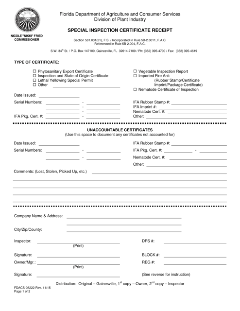 Form FDACS-08222 Special Inspection Certificate Receipt - Florida
