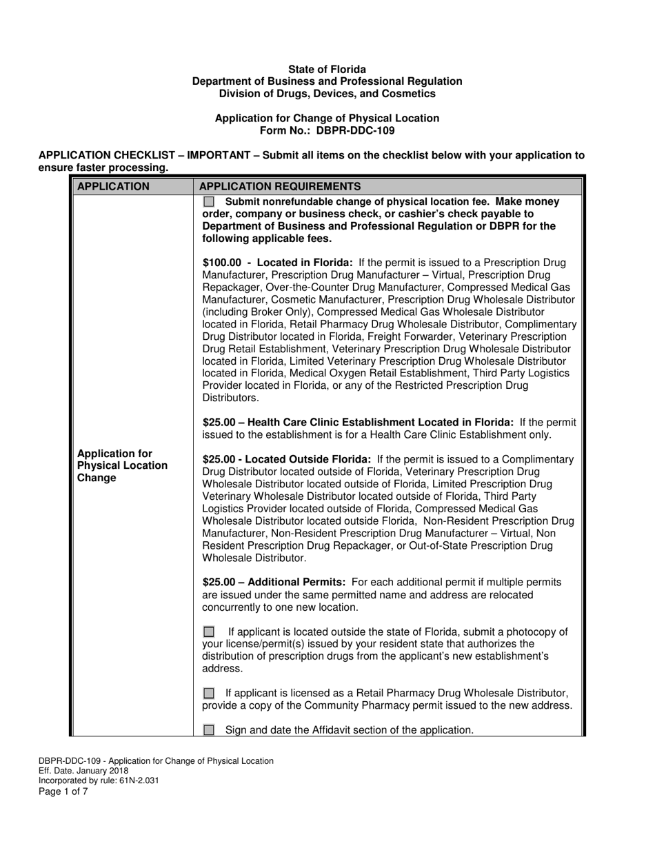Form DBPR-DDC-109 Application for Change of Physical Location - Florida, Page 1