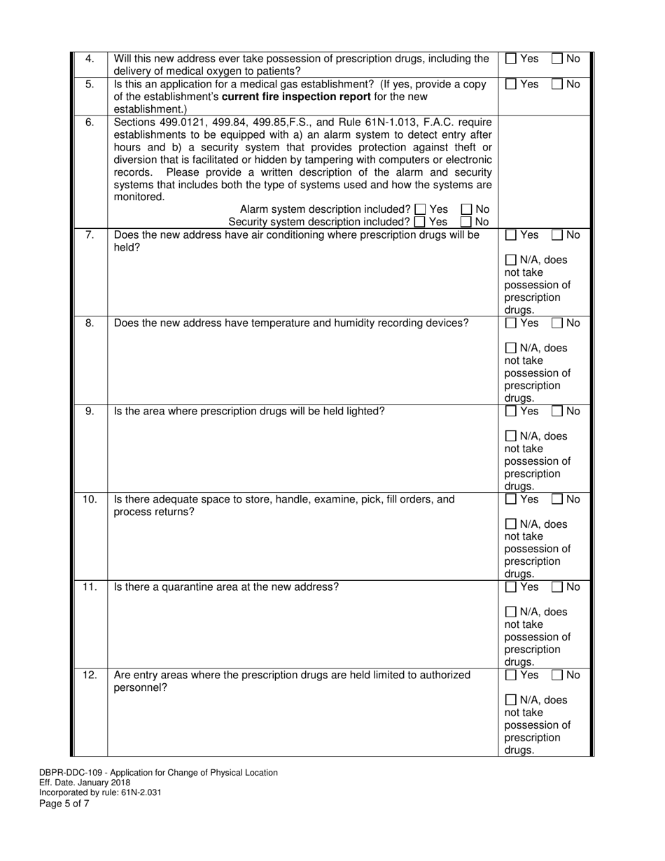 Form DBPR-DDC-109 Application for Change of Physical Location - Florida, Page 5