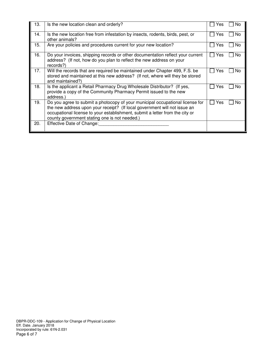 Form DBPR-DDC-109 Application for Change of Physical Location - Florida, Page 6