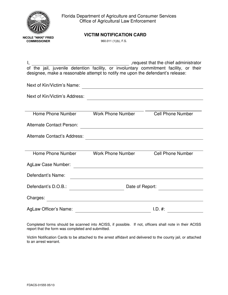 Form FDACS-01555 Victim Notification Card - Florida, Page 1