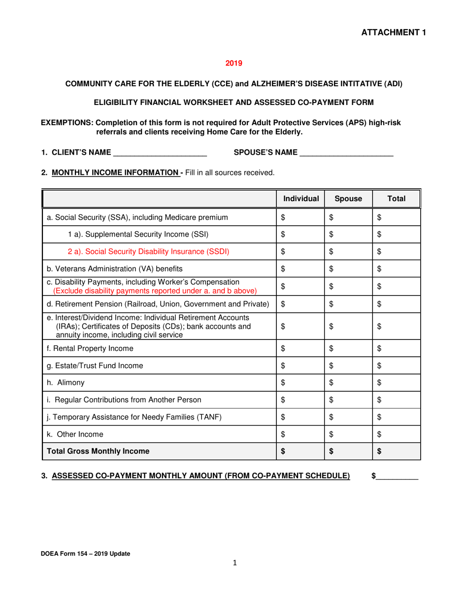 DOEA Form 154 Attachment 1 Community Care for the Elderly (Cce) and Alzheimers Disease Intitative (Adi) Eligibility Financial Worksheet and Assessed Co-payment Form - Florida, Page 1