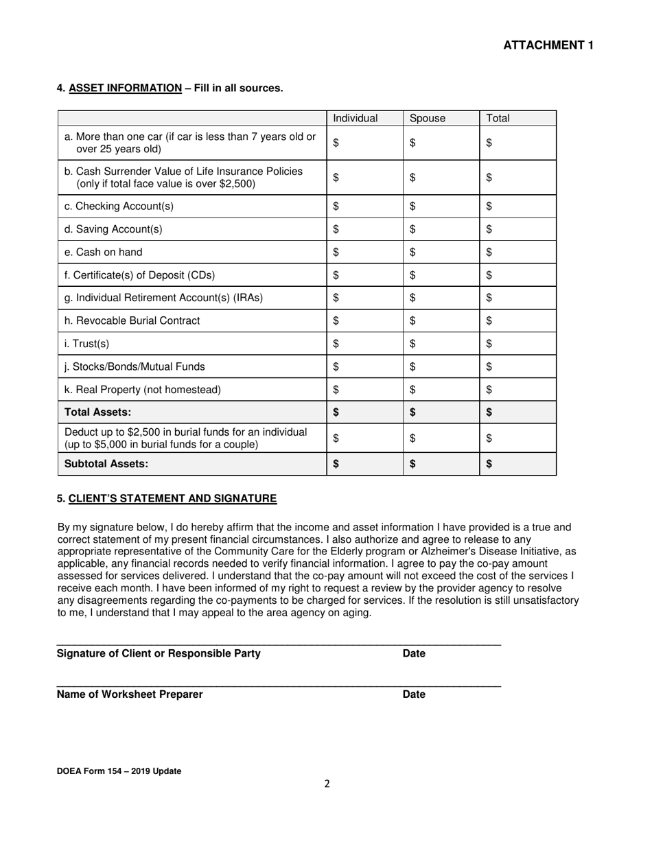 DOEA Form 154 Attachment 1 Community Care for the Elderly (Cce) and Alzheimers Disease Intitative (Adi) Eligibility Financial Worksheet and Assessed Co-payment Form - Florida, Page 2