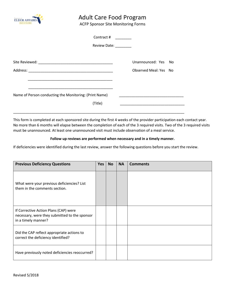 Acfp Sponsor Site Monitoring Forms - Florida, Page 1