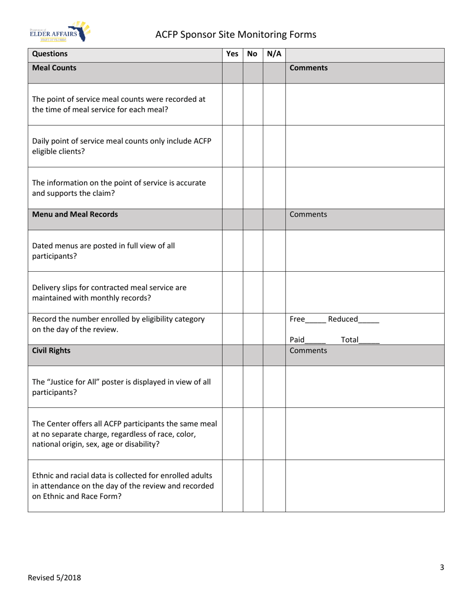Acfp Sponsor Site Monitoring Forms - Florida, Page 3
