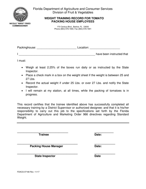 Form FDACS-07180  Printable Pdf