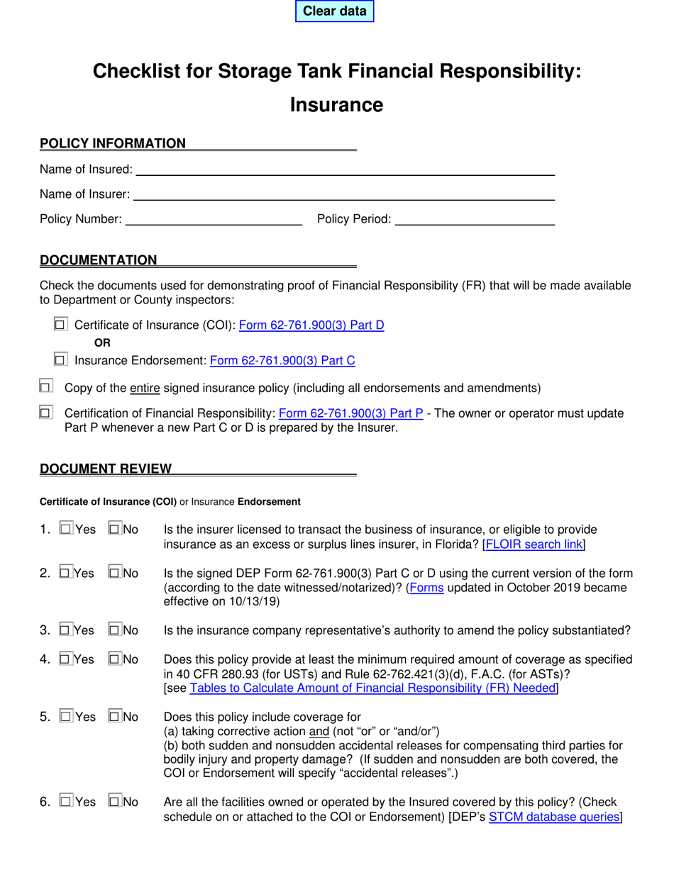 Florida Checklist for Storage Tank Financial Responsibility Insurance