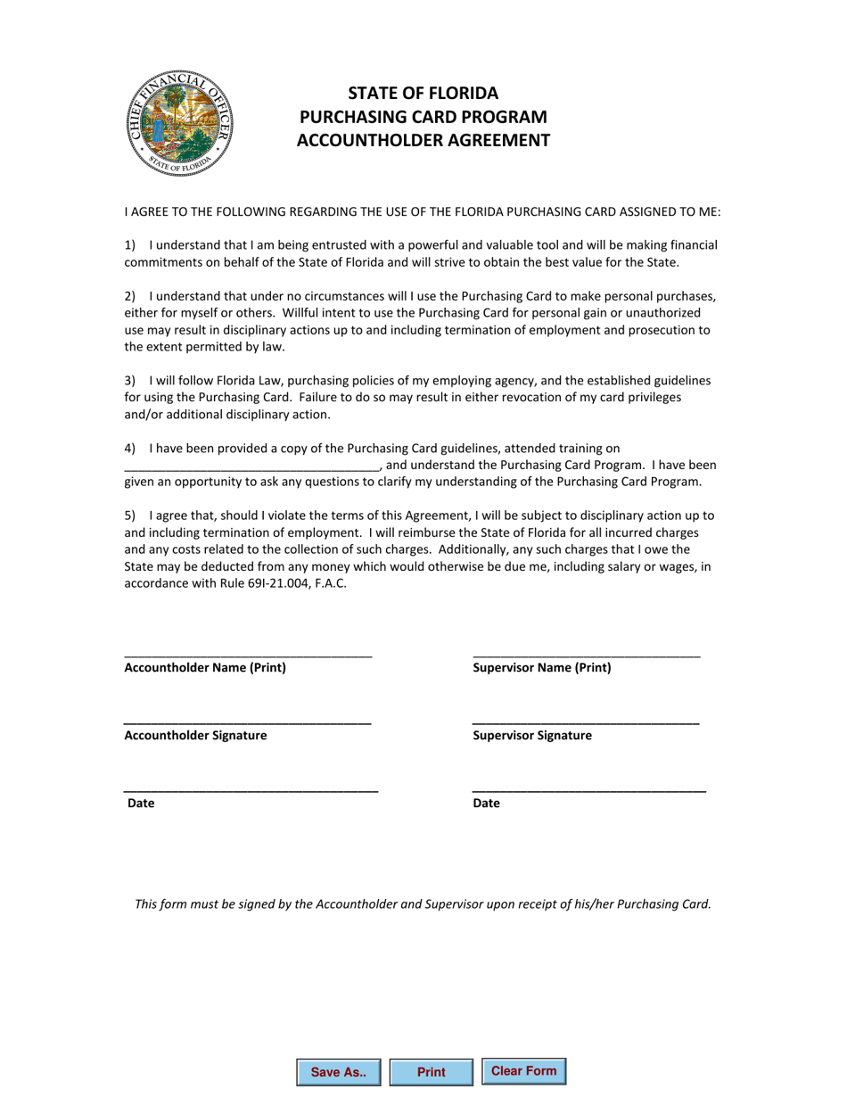 State of Florida Purchasing Card Program Accountholder Agreement - Florida, Page 1