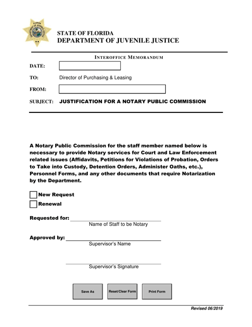 Justification for a Notary Public Commission - Interoffice Memorandum - Florida Download Pdf