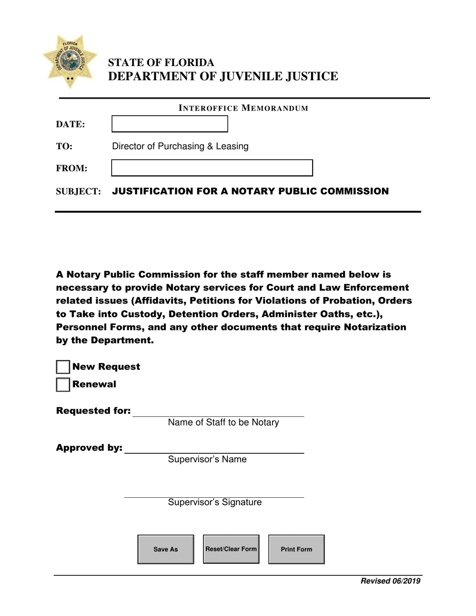 Justification for a Notary Public Commission - Interoffice Memorandum - Florida, Page 1