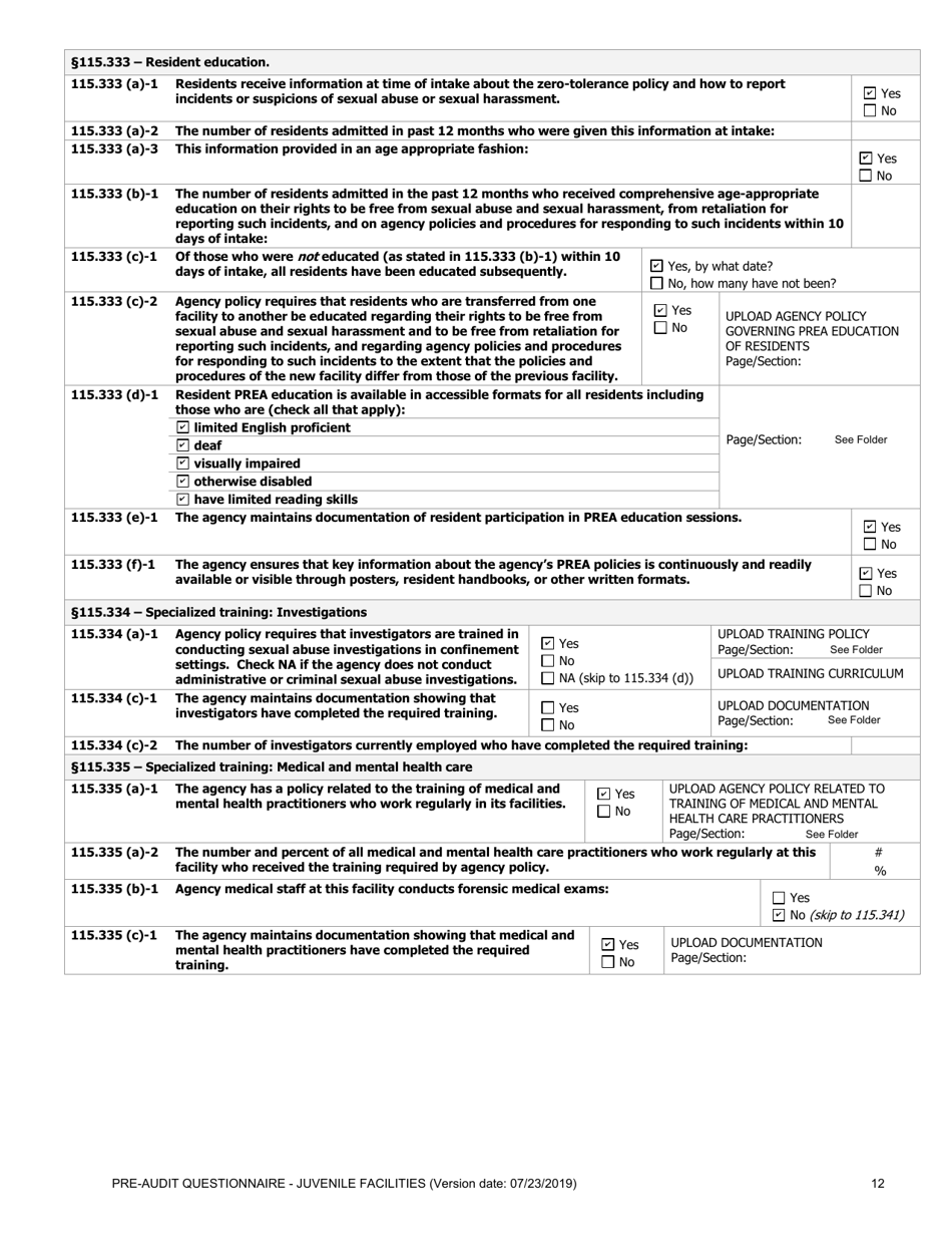 Prea Audit: Pre-audit Questionnaire - Juvenile Facilities - Florida, Page 12