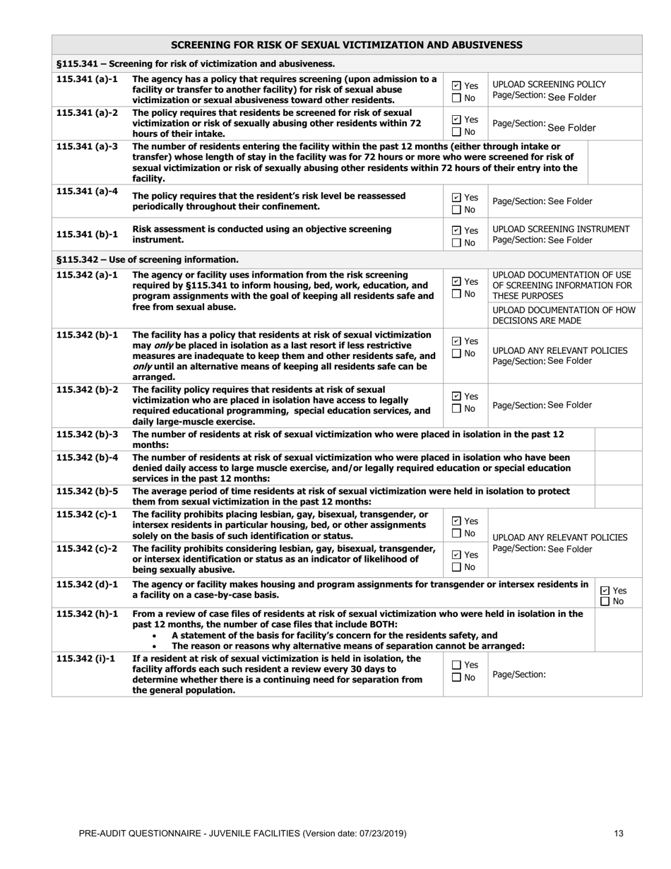 Prea Audit: Pre-audit Questionnaire - Juvenile Facilities - Florida, Page 13