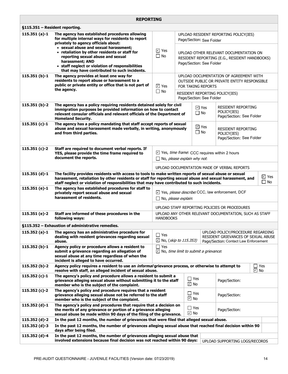 Prea Audit: Pre-audit Questionnaire - Juvenile Facilities - Florida, Page 14