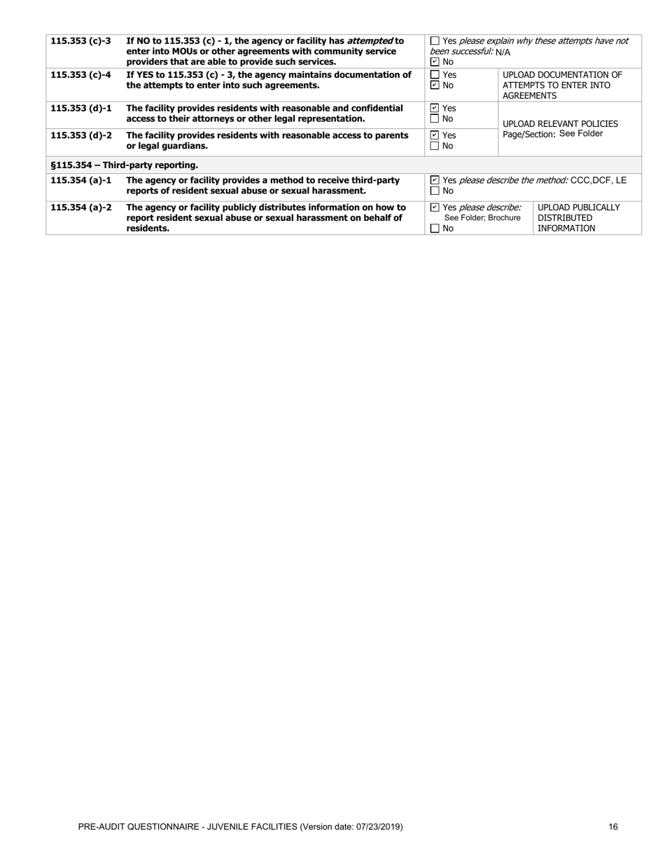 Prea Audit: Pre-audit Questionnaire - Juvenile Facilities - Florida, Page 16