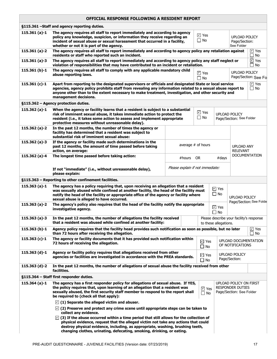 Prea Audit: Pre-audit Questionnaire - Juvenile Facilities - Florida, Page 17
