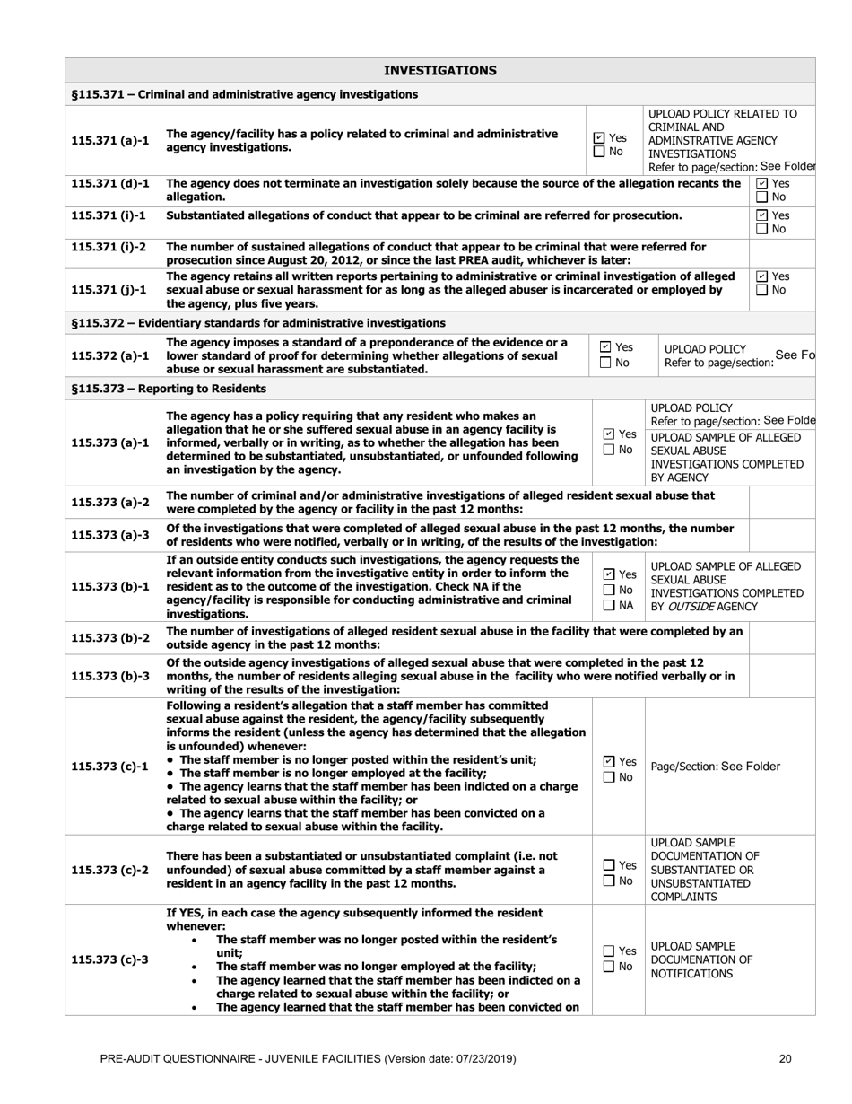 Prea Audit: Pre-audit Questionnaire - Juvenile Facilities - Florida, Page 20