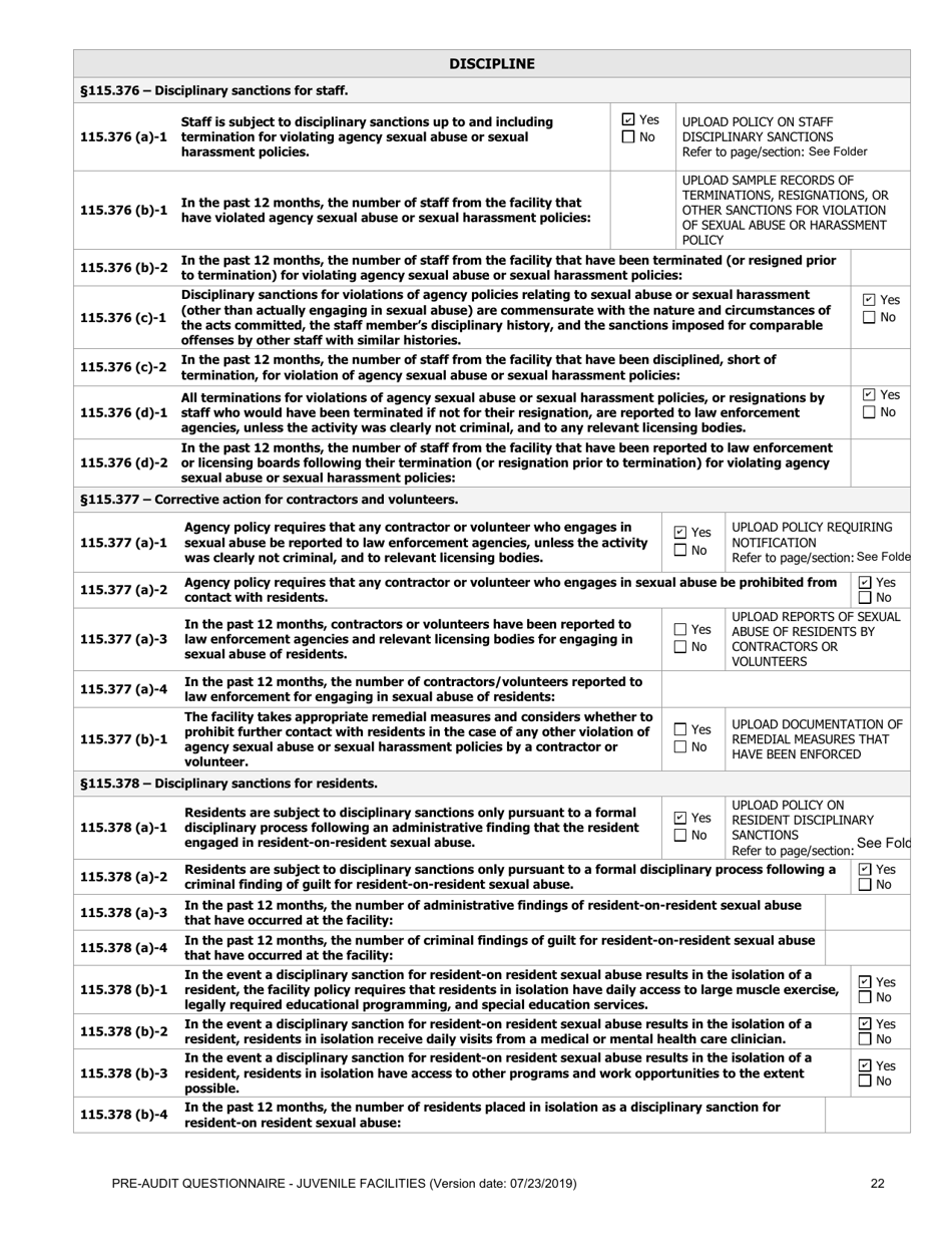 Prea Audit: Pre-audit Questionnaire - Juvenile Facilities - Florida, Page 22