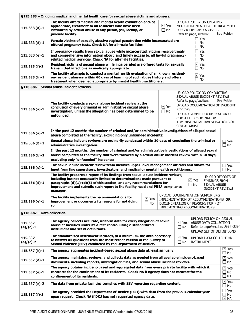 Prea Audit: Pre-audit Questionnaire - Juvenile Facilities - Florida, Page 25