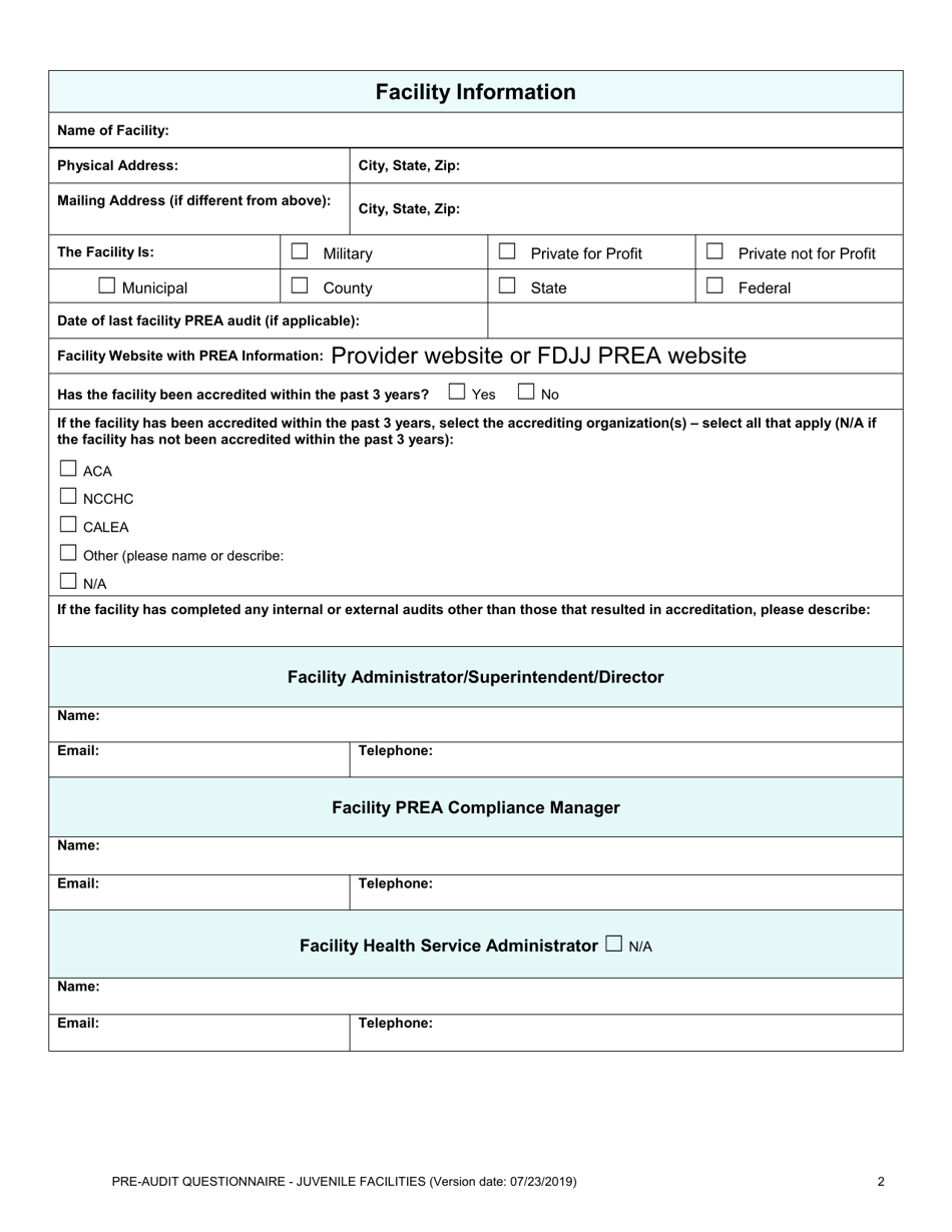 Prea Audit: Pre-audit Questionnaire - Juvenile Facilities - Florida, Page 2