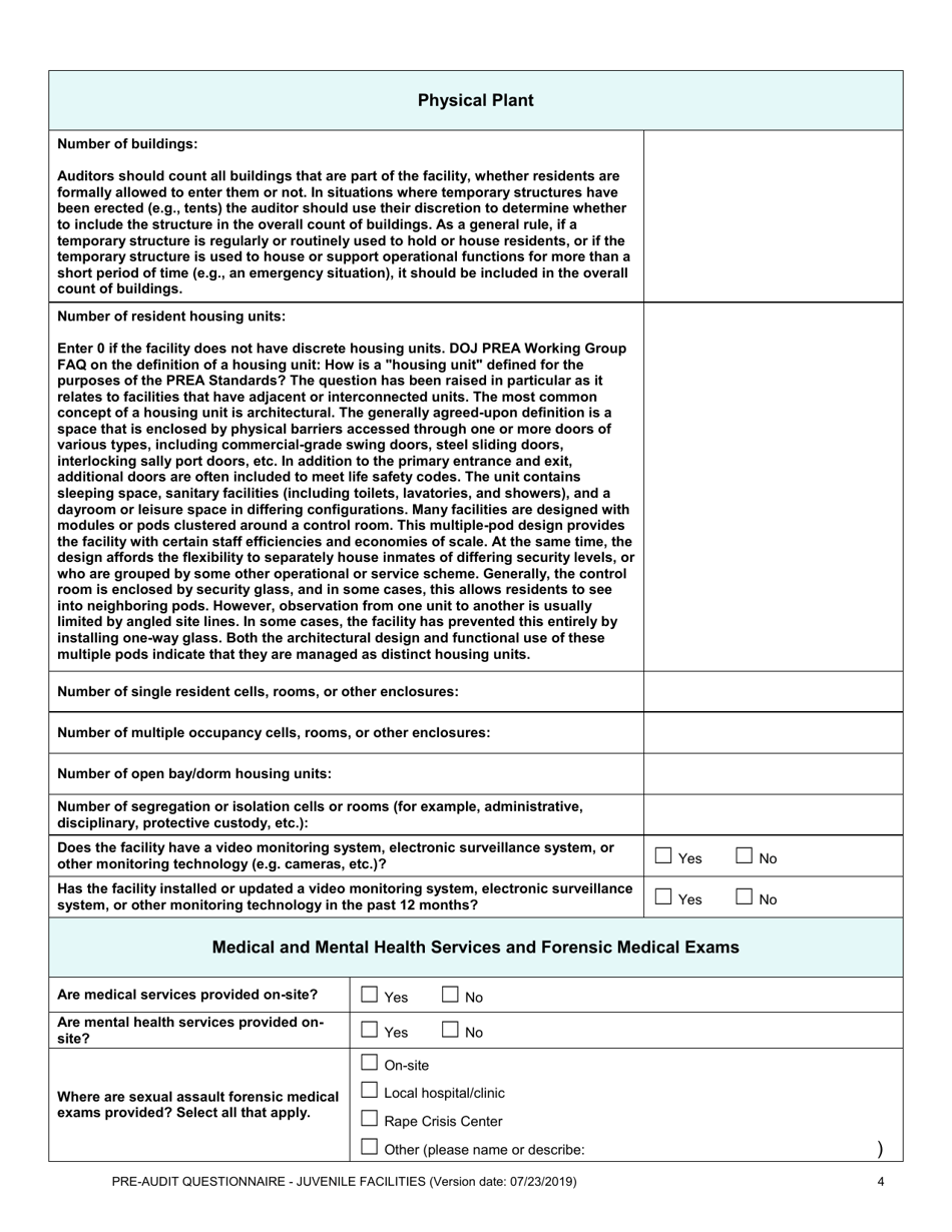 Prea Audit: Pre-audit Questionnaire - Juvenile Facilities - Florida, Page 4