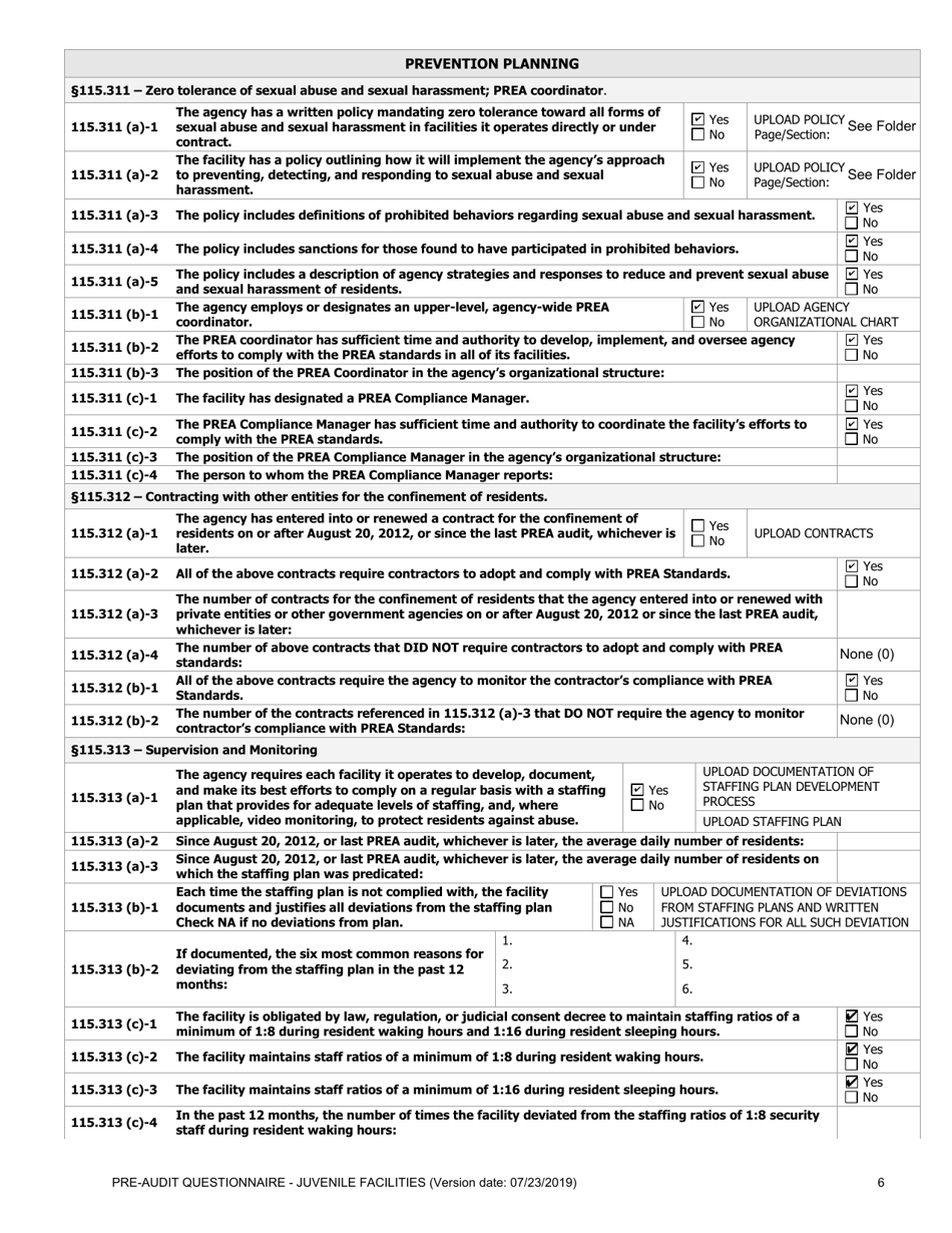 Prea Audit: Pre-audit Questionnaire - Juvenile Facilities - Florida, Page 6